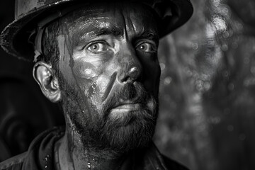 a portrait of a digger, miner, shakhtar in helmet with dirty face and sad look, difficult and dangerous work, risky, situations, places, threat to life, tired, Challenging, low-paying job - obrazy, fototapety, plakaty