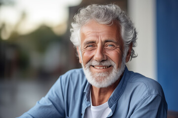 Cheerful Elderly Gentleman: Radiant Smile and Casual Elegance in Daylight