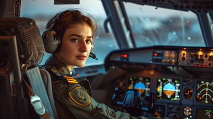 a  female civil defense pilot sits confidently in the cockpit, ready to take flight in the face of...