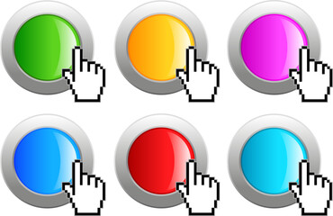 Glossy web buttons set, glass and metal click buttons with cursor