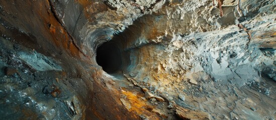 The image shows a cave with a perfectly circular hole in the middle, revealing a glimpse of the sky above. The caves walls are rough and mineral-rich, showcasing various hues and textures.