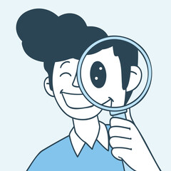 man looks through a magnifying glass. Big eye. Vector graphic