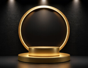 Empty gold podium with line gold neon ring on background. 3d render Generative AI