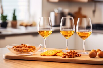 Casual wine tasting with amber wine, crackers, and nuts on a modern kitchen counter. Casual Wine and Snacks Setting