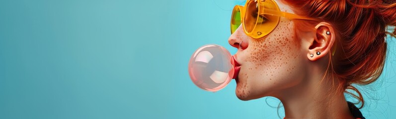 portrait of a strong and female red head young woman, early 30s, freckle, septum nose ring, blowing huge sticky bubble gum, wearing neon goggles - obrazy, fototapety, plakaty