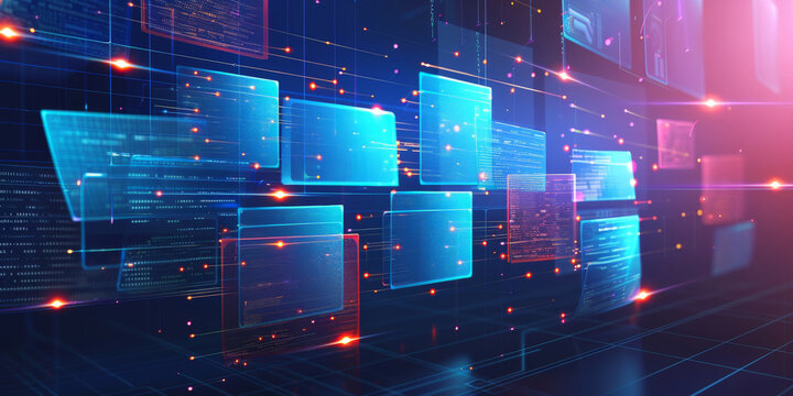Abstract network grid with files and folders, futuristic software interface, digital document management system, store, search and organize documents, corporate business, paperless office, 	
