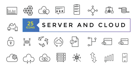 Collection of Server and Cloud Data related editable stroke icons, includes data storage, cloud storage data, technology services, server, Data thin line icons
