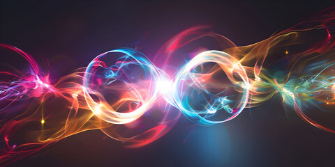 Quantum entanglement between two particles. | Abstract fractal light background. | Blurry Colorful Circles on Black Background - obrazy, fototapety, plakaty
