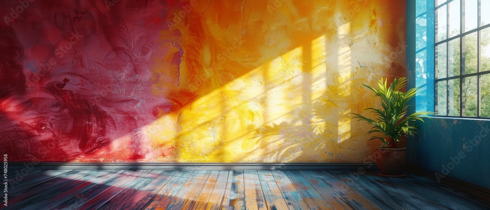 Fototapete background of colorful wall and hard falling shadow. 3d rendering of shadows on the wall.