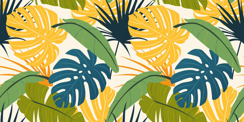 Modern colorful tropical pattern. Cute botanical abstract contemporary seamless pattern with exotic plants. Hand drawn unique print for wrapping paper, fabric print, wallpaper.