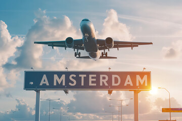 Plane landing in Amsterdam, Netherlands with "AMSTERDAM" road sign in frame	