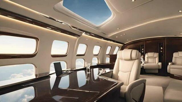 Amidst the luxury and exclusivity of a private jet, business flight, Interior of private luxury business aircraft arranged with several empty leather seats and couches, stock video, seamless loopig