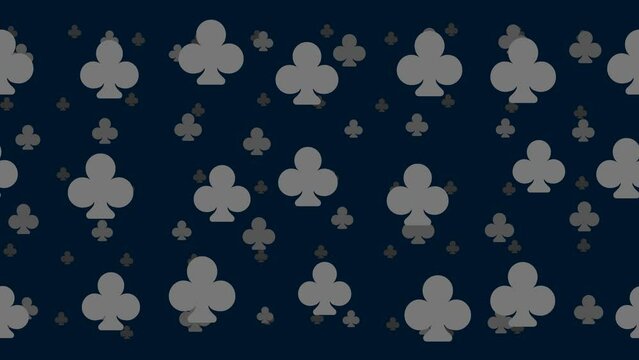 Clubs float horizontally from left to right. Parallax fly effect. Floating symbols are located randomly. Seamless looped 4k animation on dark blue background