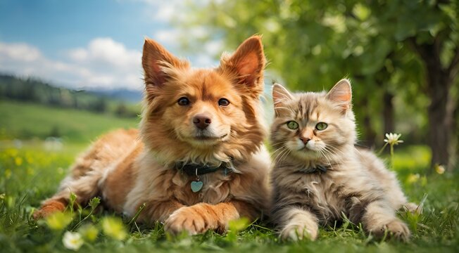 Cat and dog dogs sitting in the grass facing the camera, Pet posing in green grass, Cute domestic animals In green Grass Background, AI generated