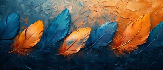 An abstract artistic background. Vintage illustration, feathers, blue, gold brushstrokes. Textured background. Oil on canvas. Modern Art. Wallpaper, posters, cards, murals, prints, wall art. - obrazy, fototapety, plakaty