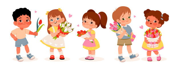 Cute preschool children with bouquets of flowers. Flat vector illustration for Women's Day or Mother's Day