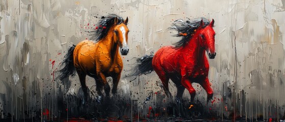Modern painting with abstract elements, metal elements, textured background, animals, horses, etc.