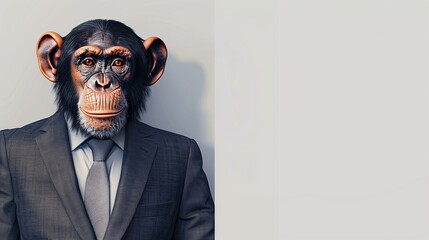 a monkey wearing a suit with a tie on a plain white background on the left side of the image and the right side blank for text