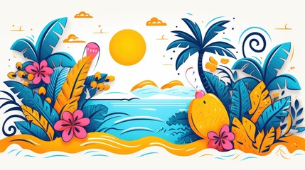 Fototapeta na wymiar Summer vector doodle illustration. Colorful detailed, with lots of objects background