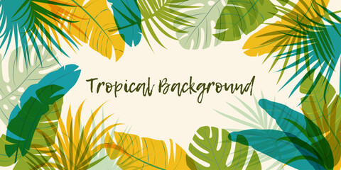 Fototapeta na wymiar Tropical banner design with space for text. Botanical abstract contemporary art with exotic plants. Hand drawn unique illustration for poster, social media post flyer brochure banner or background.