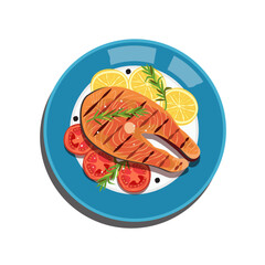 Plate with grilled salmon steak with tomatoes and lemon. view from above.Vector flat style cartoon illustration