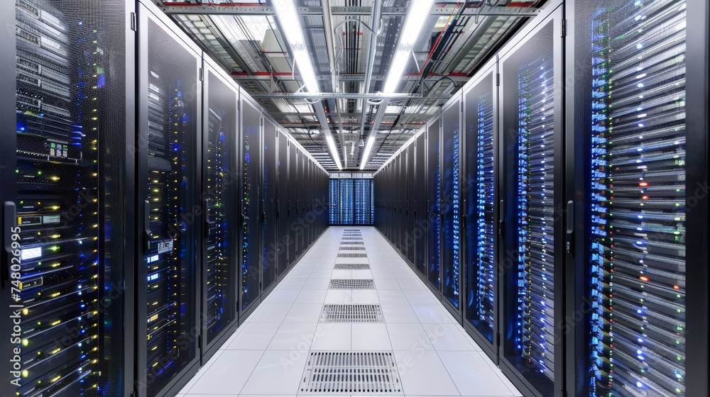 Poster In front of a high Internet visualization projection, a corridor in a working data center is filled with rack servers and supercomputers.