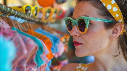 A woman in a pastel polka dot halter dress trying on a pair of cateye sunglasses at a retroinspired market stall with a colorful display of vintage accessories. - Powered by Adobe