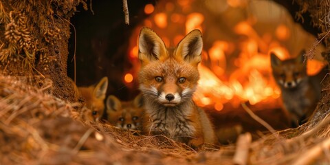 International Firefighters Day, a family of foxes peeping out of a hole against the background of a...