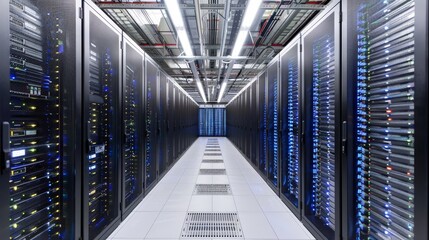 In front of a high Internet visualization projection, a corridor in a working data center is filled with rack servers and supercomputers.