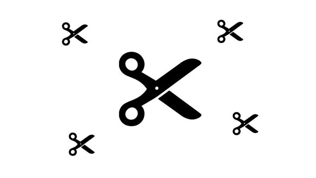 Zoom in and out animation the scissors symbol. Large black symbol in the center and four small symbols around. Seamless looped 4k animation on white background