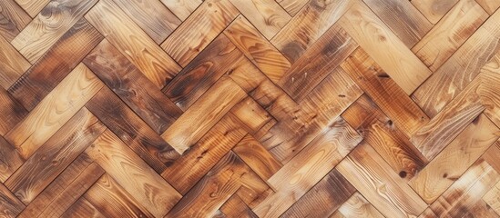 This close-up view showcases a wooden floor adorned with a chevron pattern, highlighting the intricate details and craftsmanship of the parquet board design.