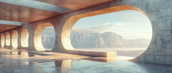 A 3D render of abstract futuristic architecture with concrete floors.