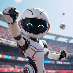 3D cartoon humanoid robot playing sports in a high-tech stadium, audience cheering