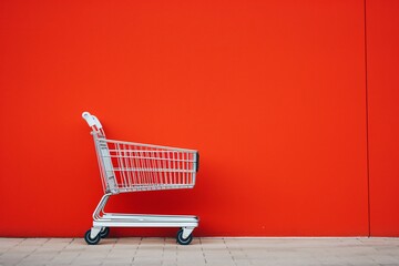 a shopping cart against a red wall - obrazy, fototapety, plakaty