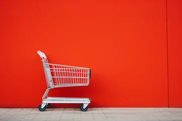 Fotobehang a shopping cart against a red wall © Alex