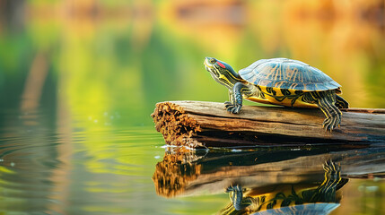Turtles perches on a log in a serene lake, enjoying its habitat, with empty copy space