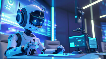 3D cartoon of a robot managing multiple calls in a futuristic call center, techy ambiance