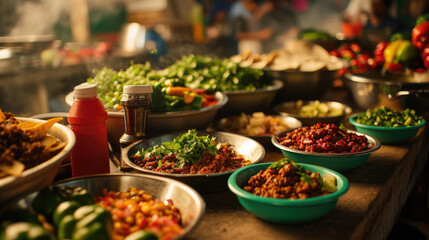 Savor the Spices: Exploring Authentic Mexican Cuisine with Bowls of Fajitas and Chili. - obrazy, fototapety, plakaty