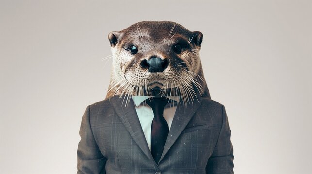 a otter wearing a suit with a tie on a plain white background on the left side of the image and the right side blank for text, - Powered by Adobe