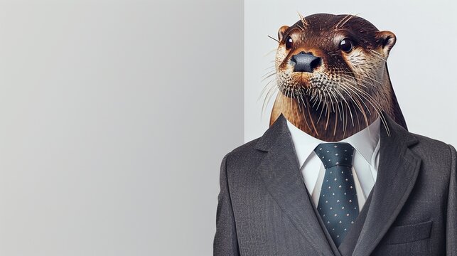 a otter wearing a suit with a tie on a plain white background on the left side of the image and the right side blank for text,
