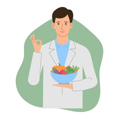 concept nutritionist. Weight loss recommendations and a diet plan. Flat vector illustration. Healthy eating and vegetarianism.