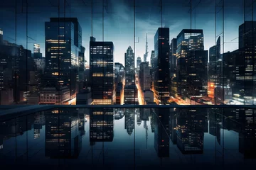 Foto op Plexiglas City Lights Reflection: A night shot capturing the reflection of city lights on the glass facade of a modern high-rise building.   © Tachfine Art