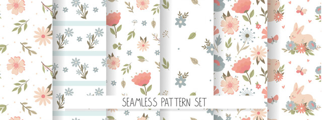 Collection of childish baby pastel minimalistic floral seamless patterns. Set of six vector illustrations with flowers plants for digital paper and textiles.
