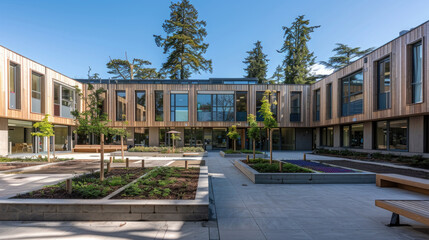 Naklejka premium A courtyard featuring various benches and trees as its main elements