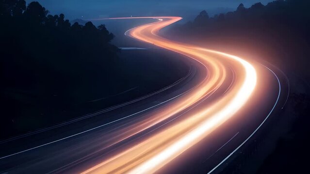 Highway spectacle Car lights streaking on the road nighttime footage for background