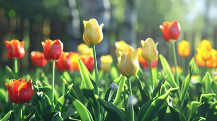 Tulips in the garden. Fresh beautiful yellow ora - obrazy, fototapety, plakaty