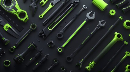 a collection of hardware tools accented with neon green