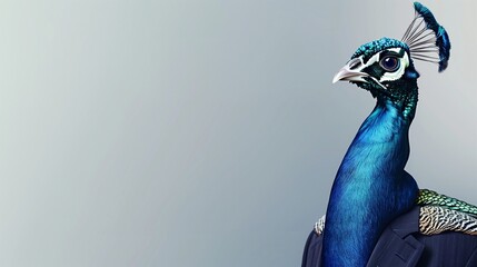 a peacock wearing a suit with a tie on a plain white background on the left side of the image and the right side blank for text,