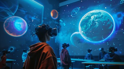 A group of students engaged in an immersive virtual reality experience, exploring a simulated space environment with planets and stars.