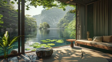 A peaceful room opens up to a breathtaking view of a calm lake surrounded by lush greenery and floating water lilies.